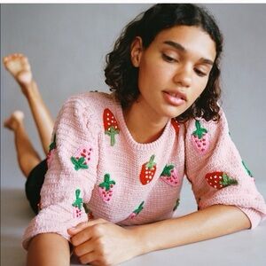 Zara Strawberry Embroidered Pink Knit Sweater